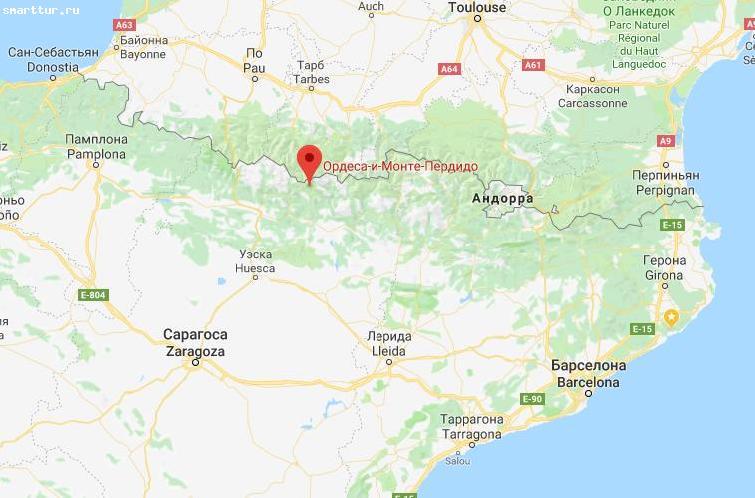 Расположение парка Ordesa and Monte Perdido National Park Испания на картах Гугл
